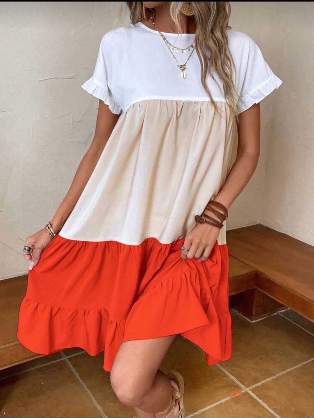 Color Block Babydoll Dress White Beige Orange Ruffle Hem